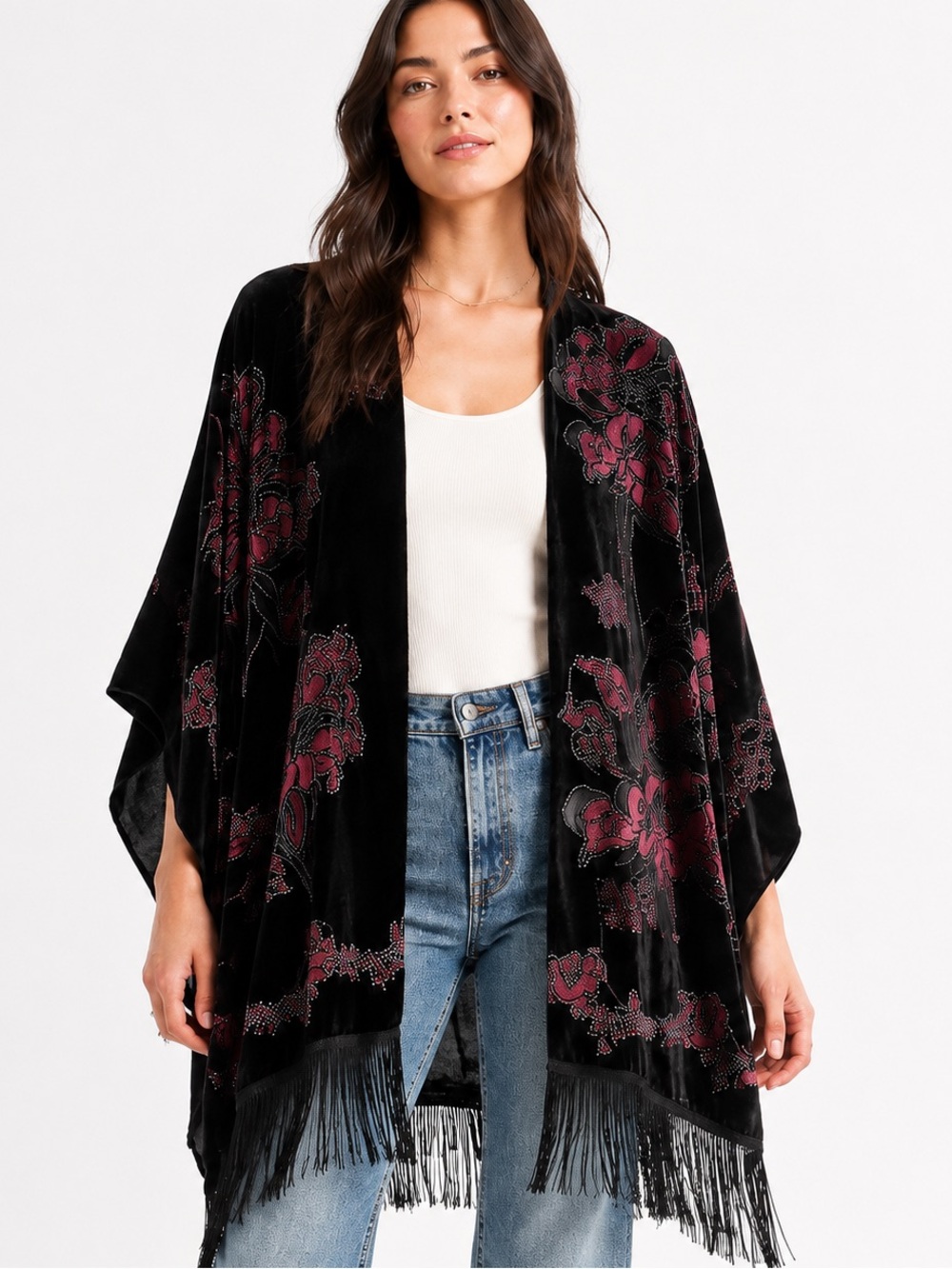 Black Pink Floral Burnout Velvet Fringe Kimono Cape bohemian Free people Style